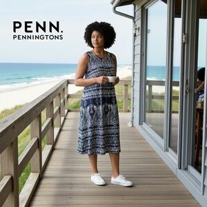 Penningtons, Elegant Plus Size Patterned Maxi Dress, 20W, Navy & White